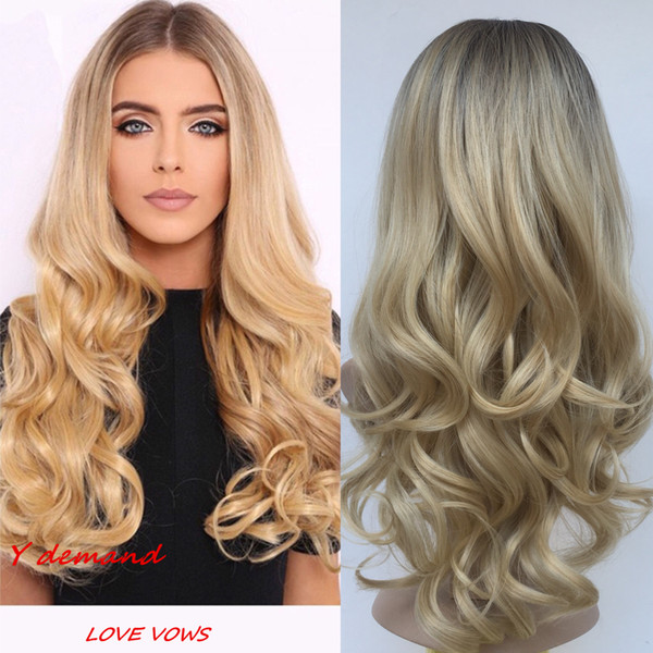 Long Curly Wig Ombre Blonde Hair for Woman Dark Roots Wigs Natural Looking Synthetic Fiber Wig