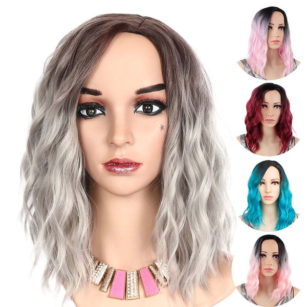 Y demand Synthetic Short Wavy Wig Womens Grey Blue Pink Red Natural Hair Ombre Wigs Female Heat Resistant Fiber Perruque