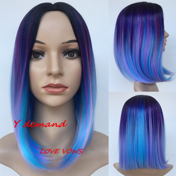 12 '' Black Mix Blue Purple Synthetic Wigs Short bob wig Wigs for Women Heat Resistant Straight Hair hairpieces for Women Black