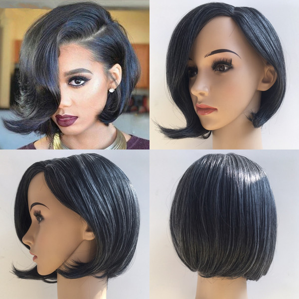 Classic Fashion Cool !!Bob Hair Synthetic Wigs Short Straight Black Mix Grey Wigs With Bangs Full Natural Wigs For Women Sale In Stock