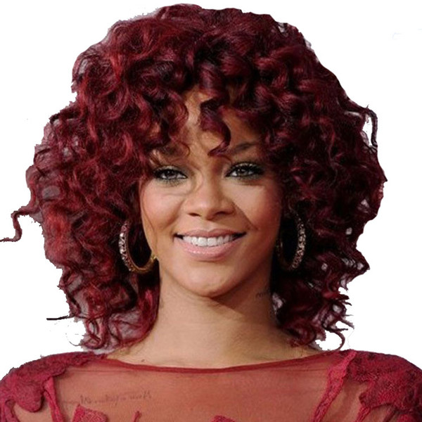 Hot Selling Fashion BOB Curly Hair Short Rihhna Wine Red Wavy Wig Simulation Brazilian Human Hair Wigs Y demand