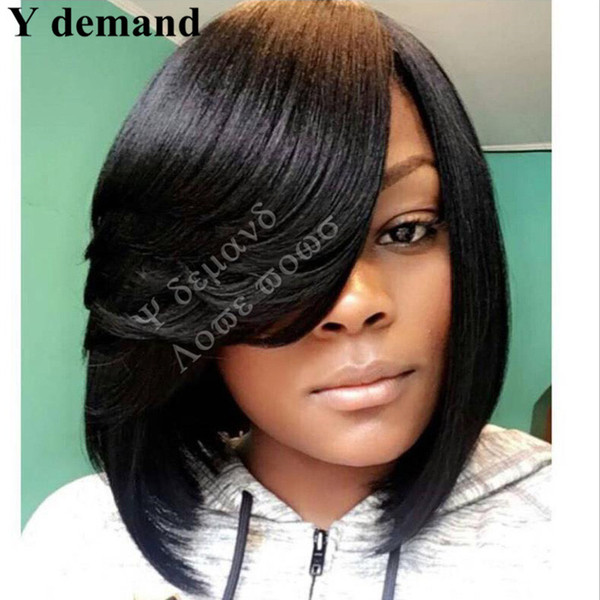 Classic Short Bob Synthetic Hair Wigs Straight Medium Length Black Wig With Bangs Full Wig For Women In Stock