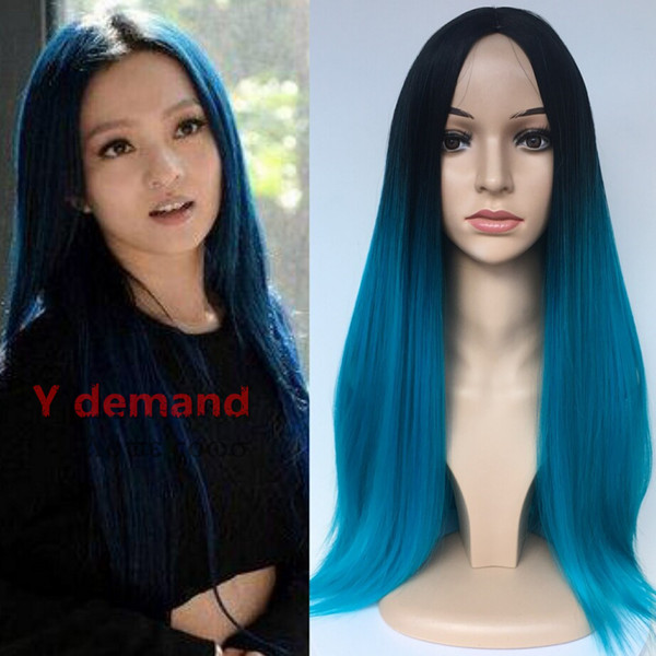 Y demand Long Straight Hair Wigs New Dark Sky Blue Ombre Color Women's Wig 