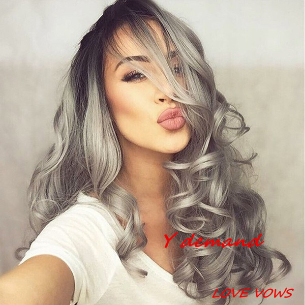 Long Wave Ombre Grey Wig Brazilian Similar Human Hair Wigs For Black Women Glueless Water Wave None Lace Synthetic Wigs 