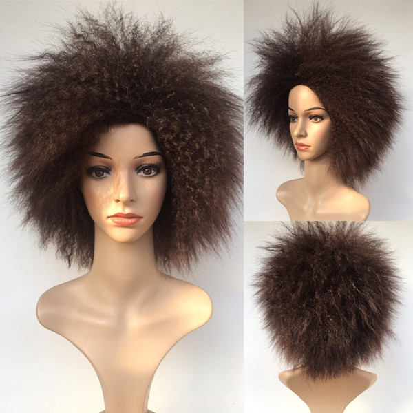 Dark Brown Synthetic Men / Women Kinky Curly Wigs With Natural Wig Hair Japanese KA Fiber Heat Resistant