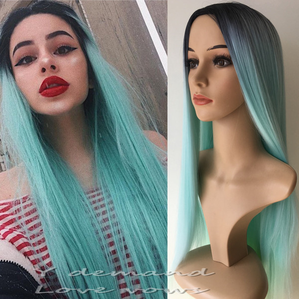 Ombre Hair wigs Lace Wigs 20inch Sexy Party Long Straight Hairstyle chocolate Black& Mint Green Synthetic Heat Resistant