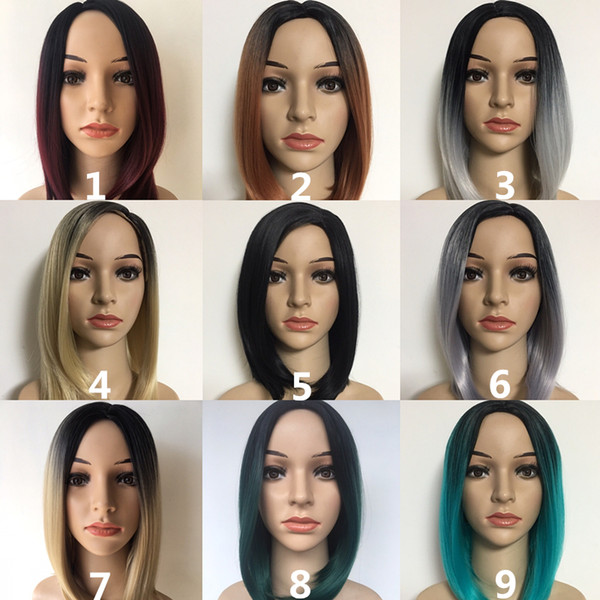 Fashion Short Ombre Black Brown Wigs For Black Women, 12/14 Inch Straight Synthetic Bob Wig Factory Direct Full Wigs