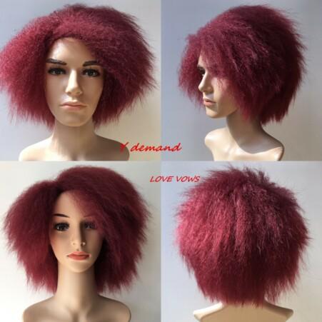 Wholesale Price Kinky Curly Wigs Burgundy Color Heat Resistant Synthetic None Lace Wig Short Kinky Curly Synthetic Hair Wigs