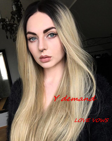 Fashion Sexy Ombre Blonde Long Silky Straight Synthetic None Lace Wig Glueless Dark Root Two Tone Color Heat Resistant For Black Women