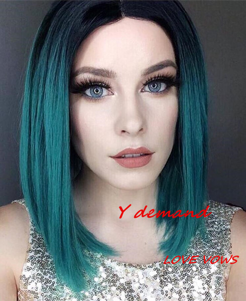 Party Wigs Middle part Short BOB Straight Wig Mix Green Hair Wigs Synthetic Hair Costume Hairpieces Remy Hairstyle Anime Cosplay Wigs for Wo