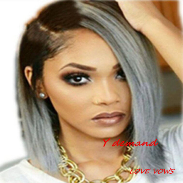 None Lace Full Wig Ombre Black & Gray 12 inch Straight Short Bob Synthetic Heat Resistant Hair Wigs Fashion Popular Y demand