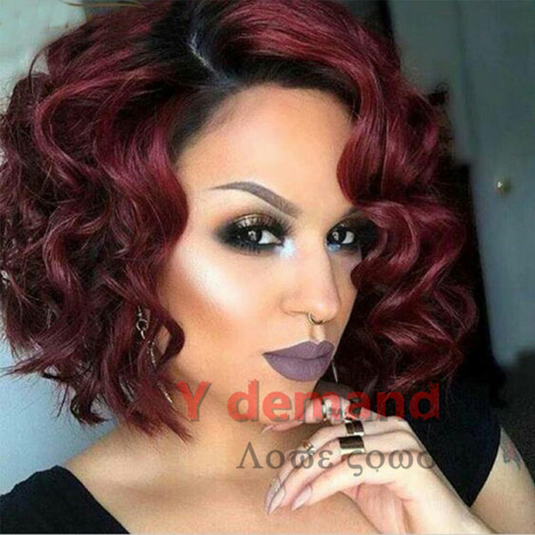 Ombre Black Red Kinky Curly Hair Short Wigs for Women Fahion Sexy Black Girls None Lace BoB Wigs Natural Color Machine Made Wigs In Stock