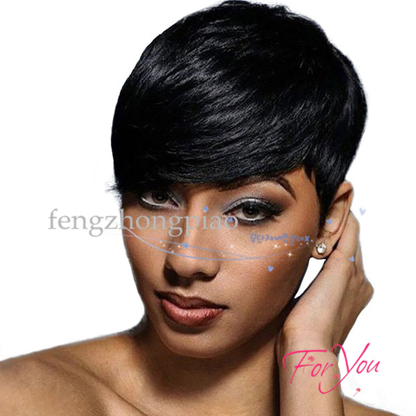 Feng zhong piao Wholesale Short Black Wigs Brazilian Virgin Hair Straight Synthetic Hair Wigs For Black Women Full Wig Pixie Cut Hair