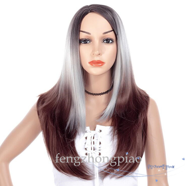 FZP Glueless Long Straight Wigs Omber Silver Honey Brown Color Wig Synthetic hair wigs malaysia hair For Black Women