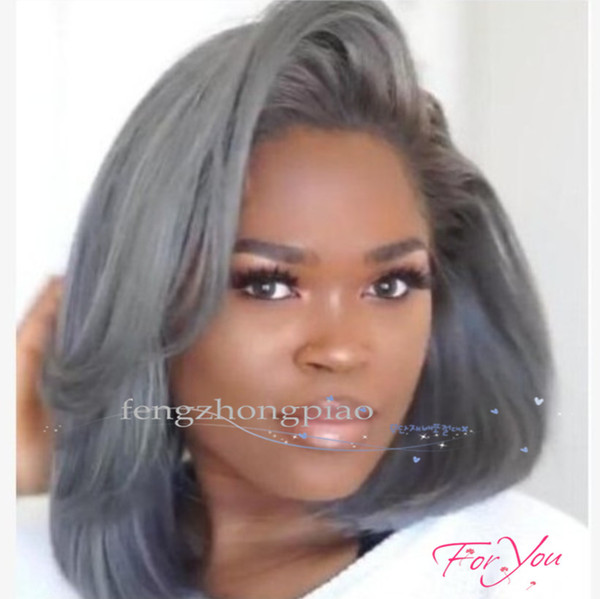 FZP Short Straight Full Wig Grey Simulation Human Hair Full BOB Wigs Silky Straight Wigs For Black Women