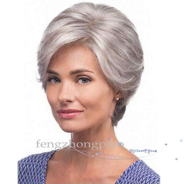 10 Inches Fashion Mother's Wig Cosplay Party Wig for Women Stylish Natural Silver Grey Wigs with Bangs Synthetic Short Hair