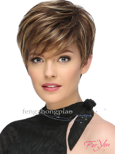 FZP Short Brown Afro Straight Wig Simulation Human Hair Full Wigs with bangs in stock Hot selling