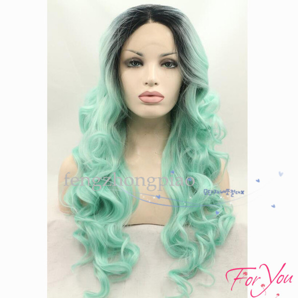 Cheap Ombre Wigs Two Tone Natural Black Ombre Green Long Silky Body Wavy Lace Front Wigs Heat Resistant Synthetic Lace Front Wig