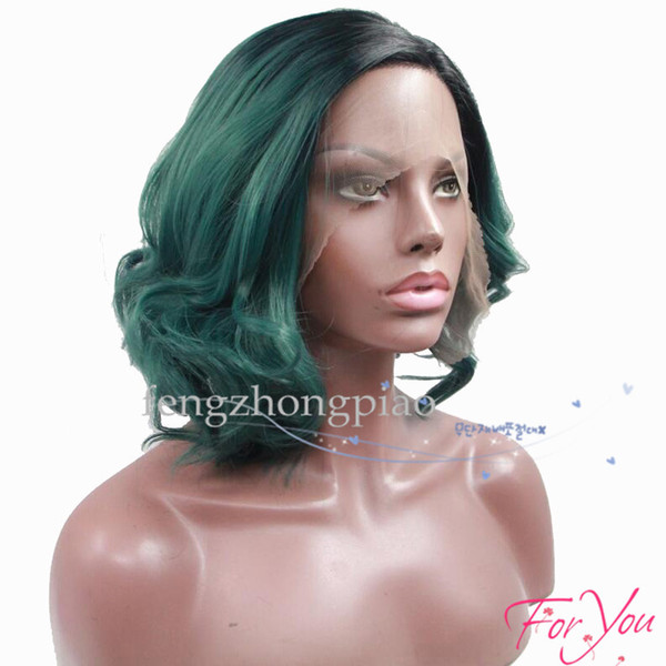 FZP Ombre Green Short Curly Synthetic Hair Wigs for Black Women Lace Front Wigs Bob Wig 12 Inch Loose Curly Wave Side Part