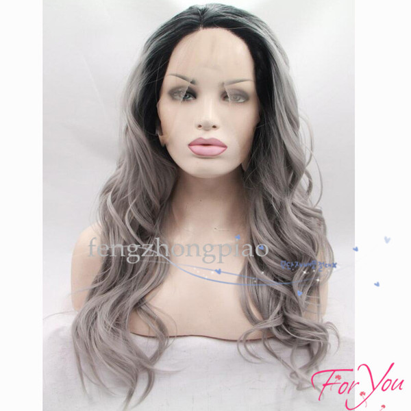 FZP Handmade Fashion women 180density Synthetic Ombre Grey Lace Front Wig body Wavy Women Grey color Heat Resistant Hair Wigs