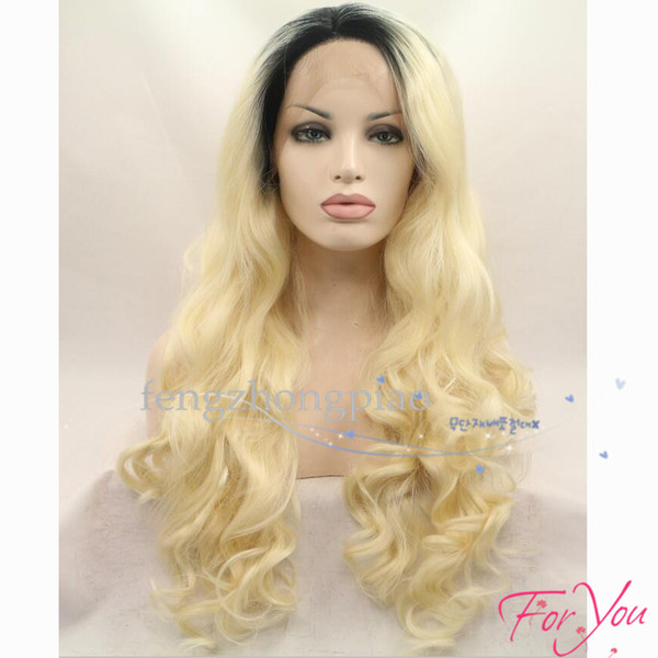 Fahion Dark Roots Blonde Body Wave Synthetic Lace Front Wig High Quality Black/blonde Ombre Heat Resistant Fiber Hair Women Wigs