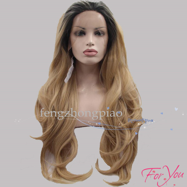 FZP Hot Sexy ombre 1b#/blonde Long Silky Natural Wave Middle Part Hairstyle Soft Synthetic Lace Front Wig Can Heat&Permed