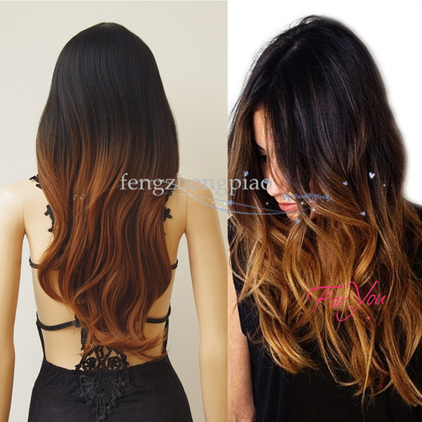 Sexy Fashion Ombre Dark Roots Brown Long wave lady's Wigs Synthetic Hair Wig Women Natural Party Wig Wigs In Stock