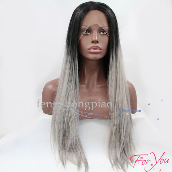 Cosplay Ombre Grey Long Silky Straight Lace Wig Heat Resistant High Quality Synthetic Hair Glueless Lace Front Wigs for Black Women