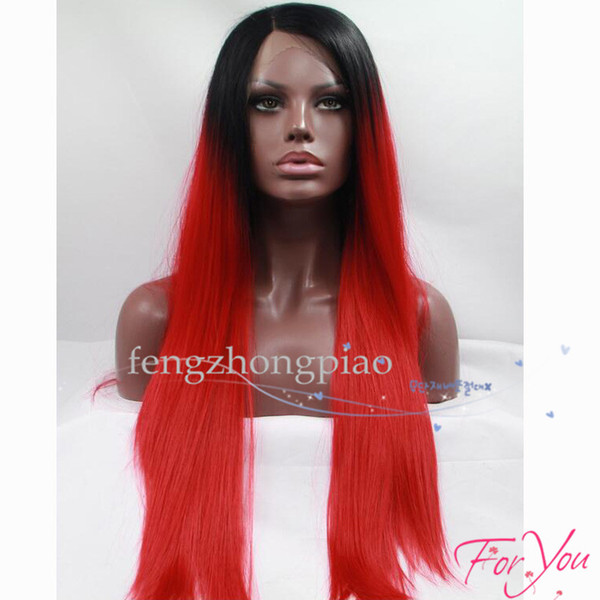 Long Silky Straight Ombre Wine Red Synthetic Lace Front Wig Glueless Dark Root Two Tone Red Color Heat Resistant natural hairline