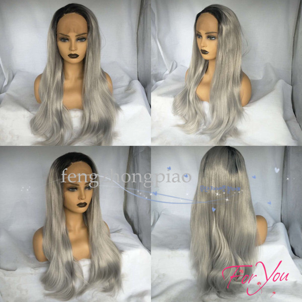 18-26 Inch Long Silky Straight Black Roots Ombre Grey Synthetic Lace Front Wig High Temperture Fiber For Black Women Free Shipping