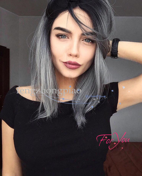 Fashion Short Wig Ombre Black & Grey 12inch Straight Bob Synthetic Heat Resistant Hair Wigs Popular Party Wig For Black Women