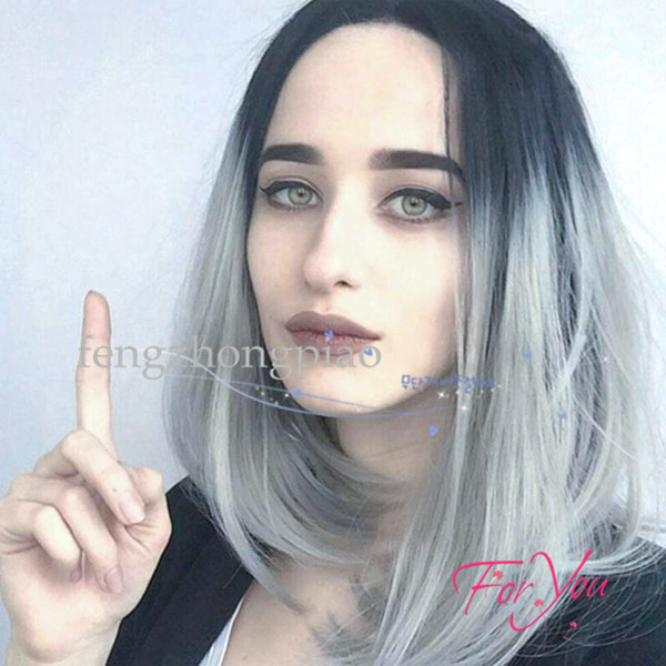 Feng Zhong Piao Synthetic BOB Wigs for Black Women Ombre Silver Wig Dark Roots Natural Cheap Hair Wig Female Hair Sale