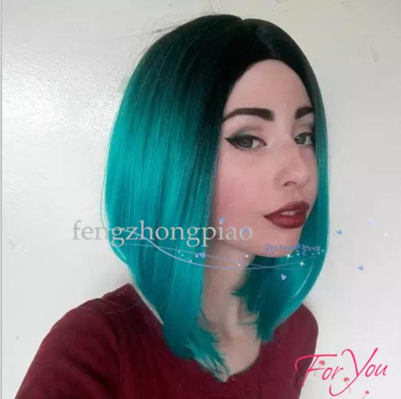 Feng zhong piao Wholesale High Quality Cheap Ombre Wigs 1B Water Blue Short Bob Straight Full Wigs For Black Women Heat Resistant Synthetic