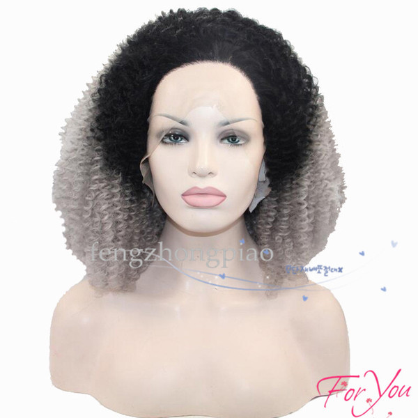 Freeshipping US Glueless Short Ombre Grey Afro Kinky Curly Bob Lace Front Wig Heat Resistant Synthetic Fiber Hair Lace Wig