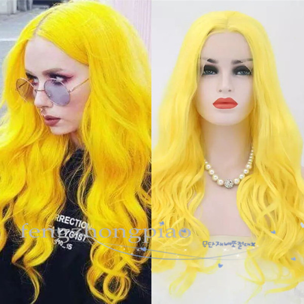 FZ Yellow Color Cosplay Wig Heat Resistant Hair 150 Denstiy Long Wave Synthetic Lace Front Wigs for Women Middle Part