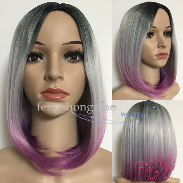 FZP Cosplay Short Wigs For Women Charming Hair Ombre Wig Black /Grey /Rose Red Simulation Human Hair Wig