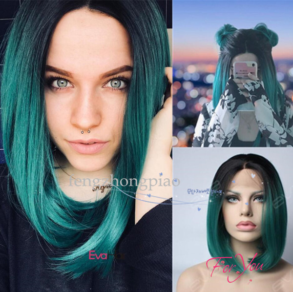 Ombre Green Synthetic Hair Short Straight Cosplay Wigs High Temperature Fiber Hair 12inch Women Wig