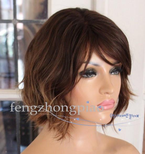 Hot beauty Short Bob Style Straight Full Wigs Simulation Human Hair Short Brown Cut Wave Full Wig 