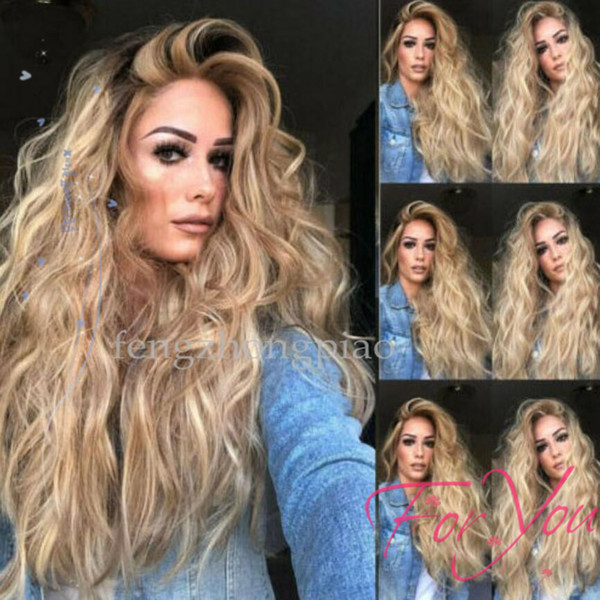 FZP Wholesale Hot Ombre Blonde Long Curly Hair Wigs Synthetic Fashion SEXY Women's Wig wigs + Wig Cap