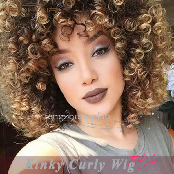 Wholesale - Mix Colors Ombre Brown Kinky Curly Full Wigs Heat Resistant Glueless Synthetic Wigs for Black Women