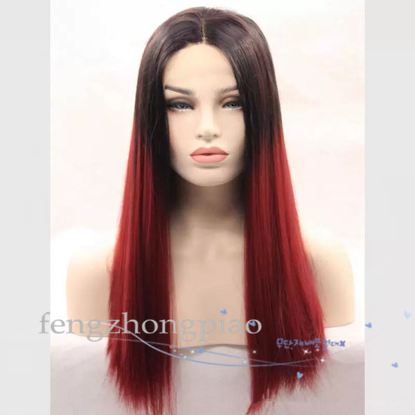 FZP Natural black/Wine red/Pink synthetic hair prodcuts hot sale Fashional Long wavy wig two tones not full lace front wigs ombre wig