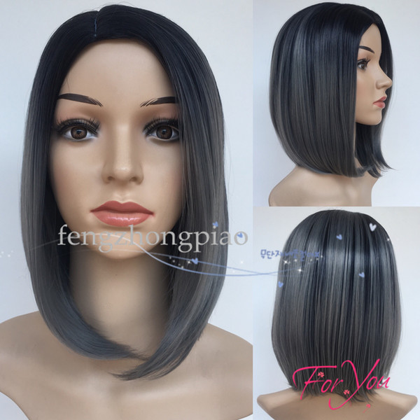 FZP Fahion Bob Wig 12inch Ombre Dark Grey Short Wigs For Women Synthetic Straight Hair Wig Simulation Human Hair Wig