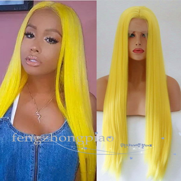 FZP Yellow Synthetic Lace Front Wig Tied Natural Long Straight Yellow Heat Resistant Fiber Hair Synthetic Lace Front wigs for Make up
