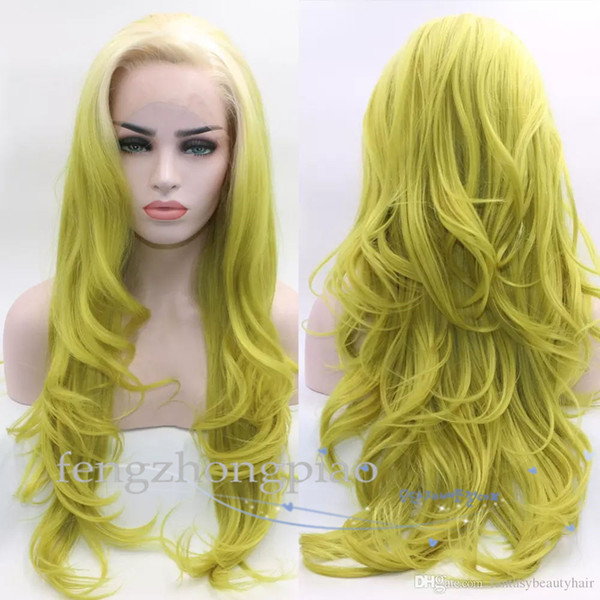 FZP Fashion Long Wavy Ombre Lace Front Wig White Roots Ombre Yellow Green Synthetic Heat Resistant Full Wigs