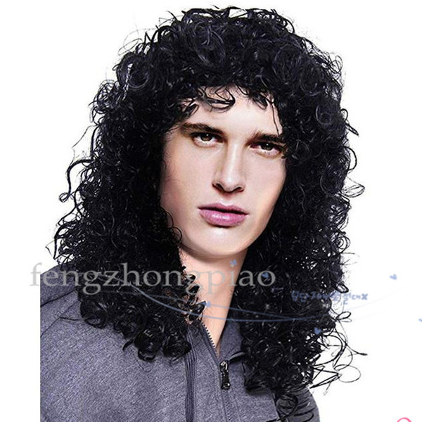 Hot Selling Mens Long Curly Black Hard 80s Rocker Wig Themed Party Wig Halloween Costume Anime Wig For Men / Women