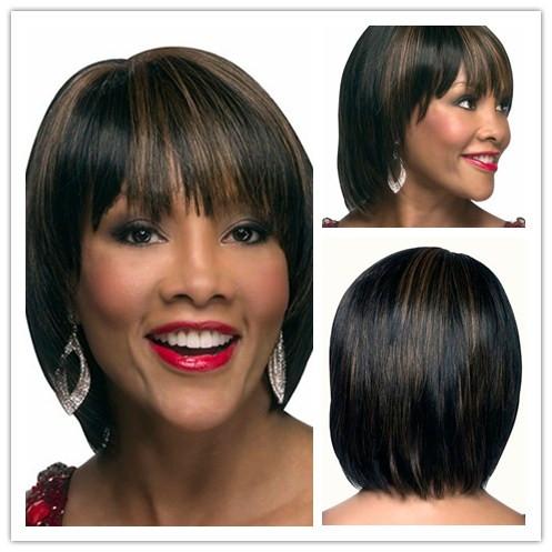 Xiu Zhi Mei Highlights Brown Black Cheap Bob Wigs With Bangs Heat Resistant Synthetic Cutting Straight Hair For Women 