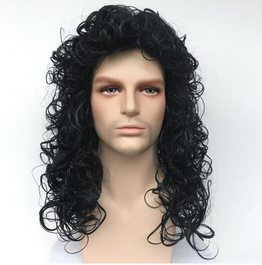 Xiu Zhi Mei Halloween Costumes Rocking Dude Black Curly Synthetic Hair Wigs Punk Metal Rocker Disco Mullet Cosplay Wig