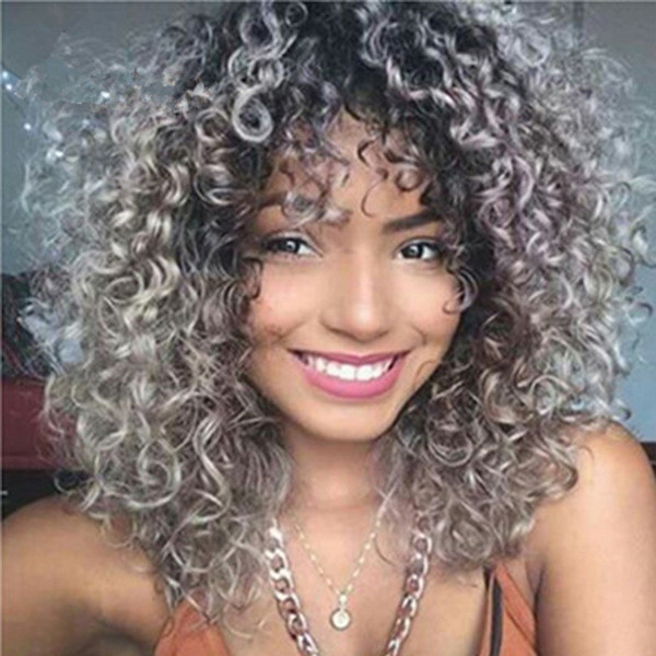 Xiu Zhi Mei New arriving Black Grey Ombre Kinky Curly Wig Short Synthetic Hair Womens Wigs For African Americans