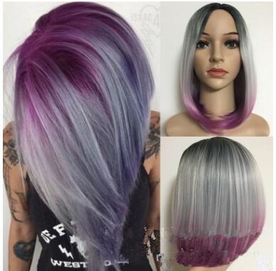 Xiu Zhi Mei Short Straight Hair Middle Part Synthetic Fiber 2 Tone Ombre Noise Color Women Wigs for Africa Americans Cosplay Fake Wigs