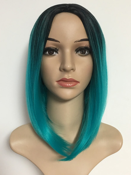 Xiu Zhi Mei 2 Tone Ombre Blue Color Bob Hair Short Synthetic Wigs For Black Women High Density Heat Temperature Full Cosplay Hair Wig